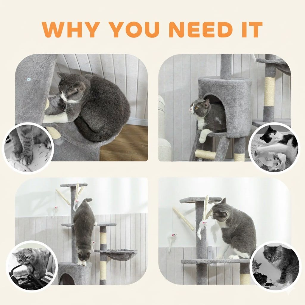 Cat Tree with Hammock 134cm – Light Grey