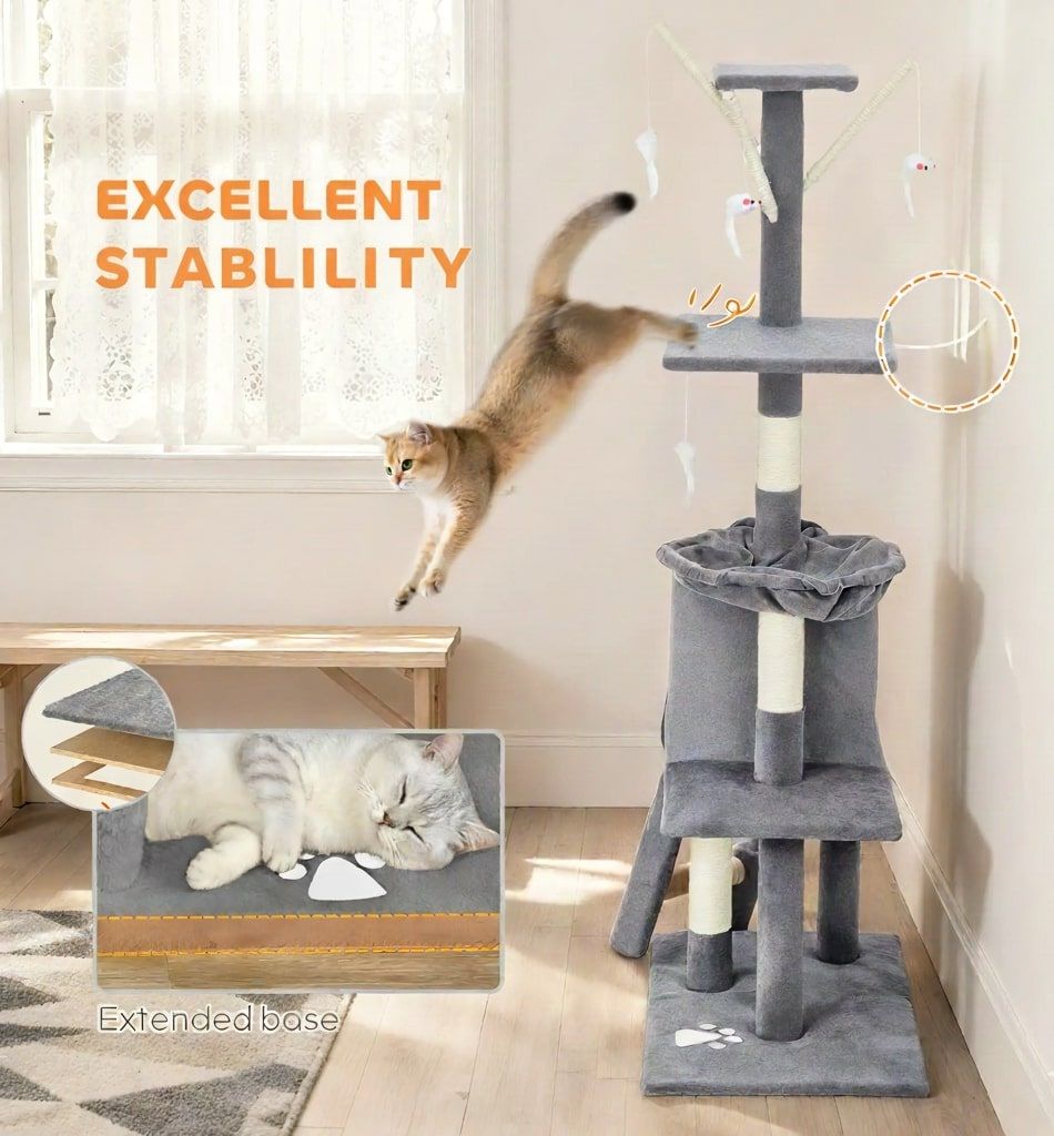 Cat Tree with Hammock 134cm – Light Grey